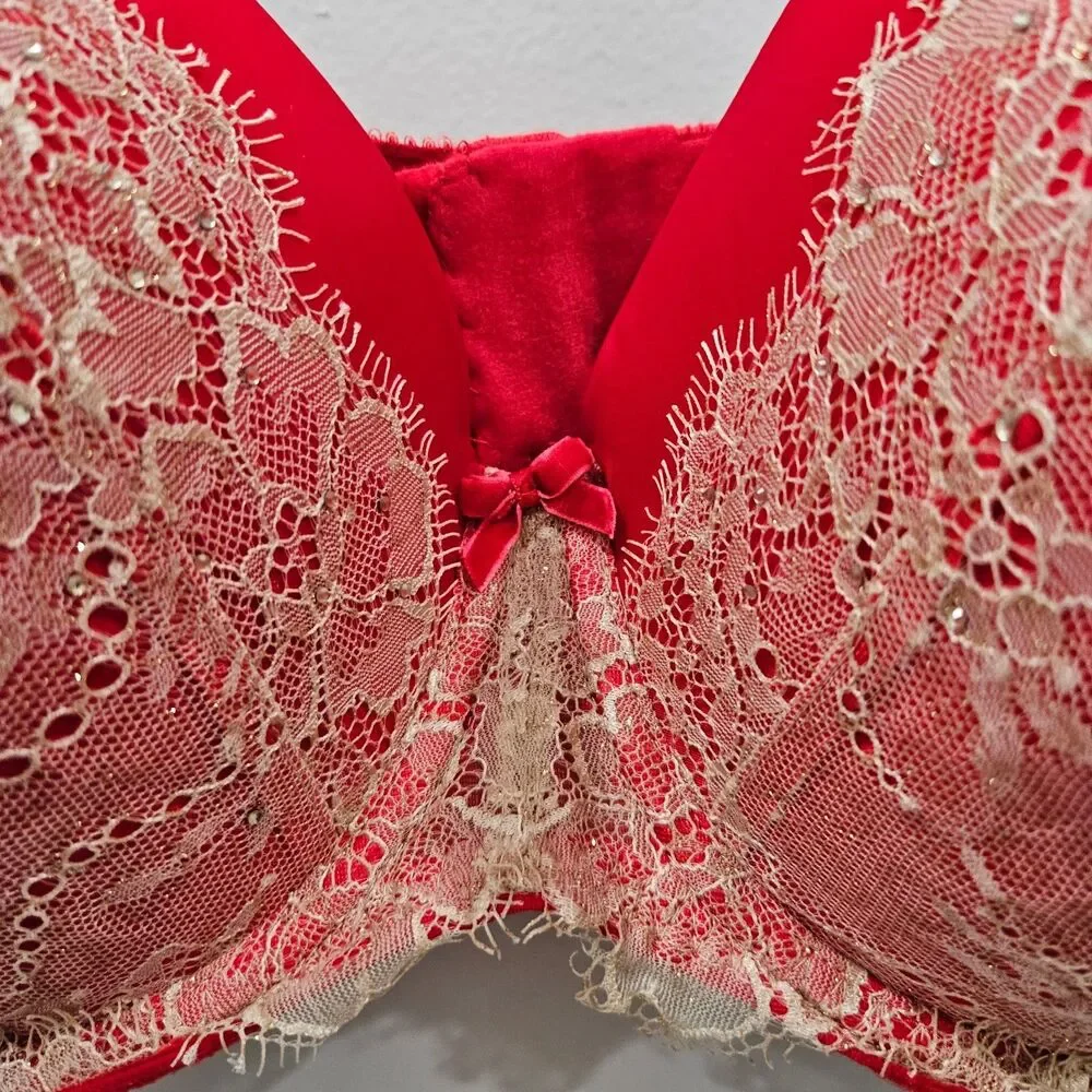 Victorias Secret Dream Angels Lined Demi Bra 38DD Red Ivory Lacey Rhinestones